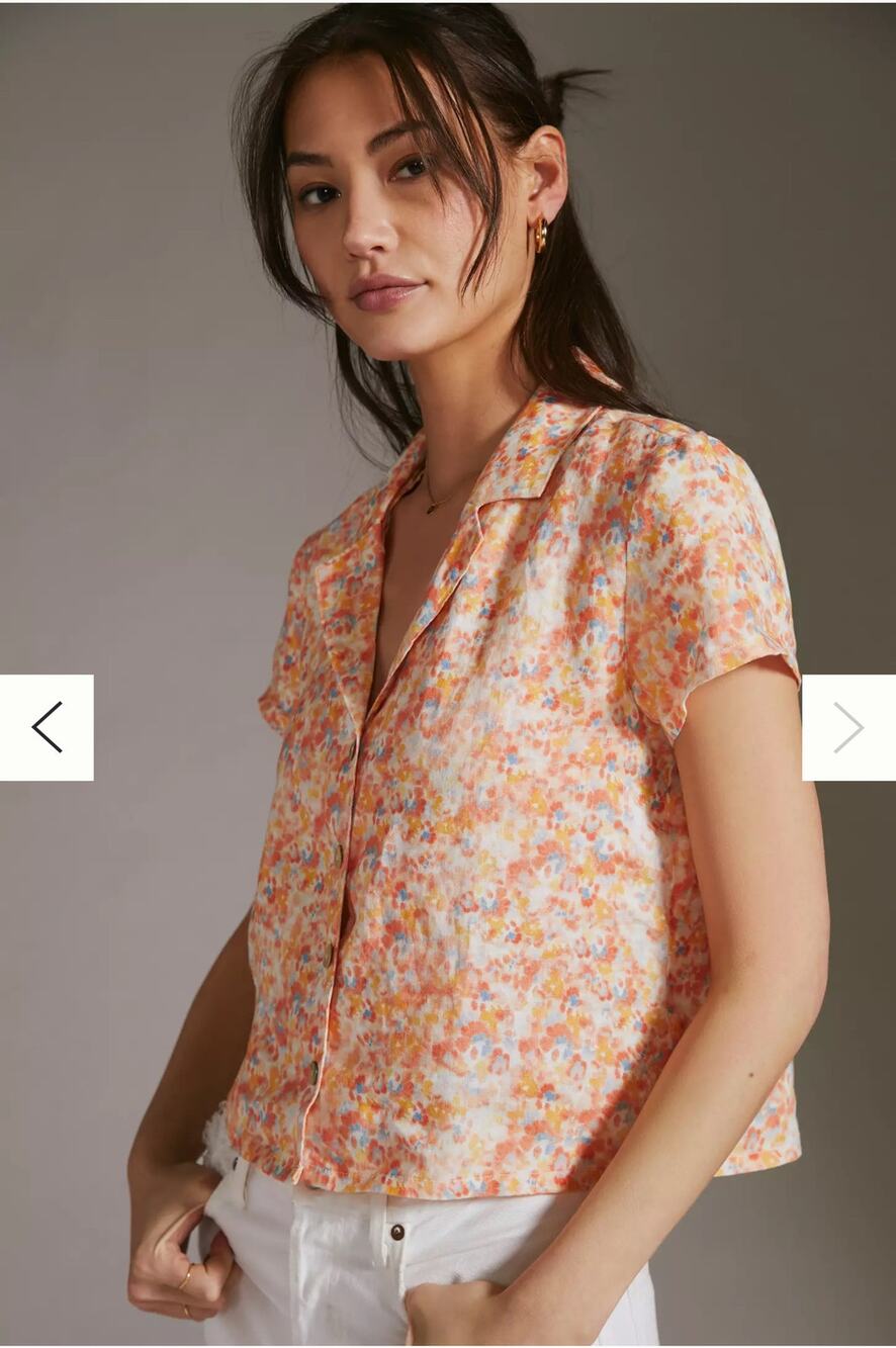 Cloth & Stone Top Womens S Orange Abstract Boxy Linen Surf Shirt Botton Front